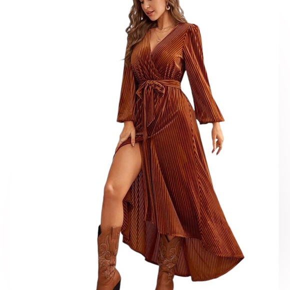 BERRYGO fall midi rust ribbed high long long sleeve V front wrap tie dress NWT - Picture 6 of 10